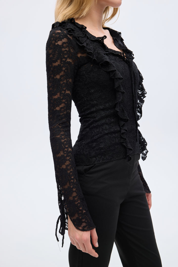 Fırfırlı V Yaka Dantel Bluz Siyah