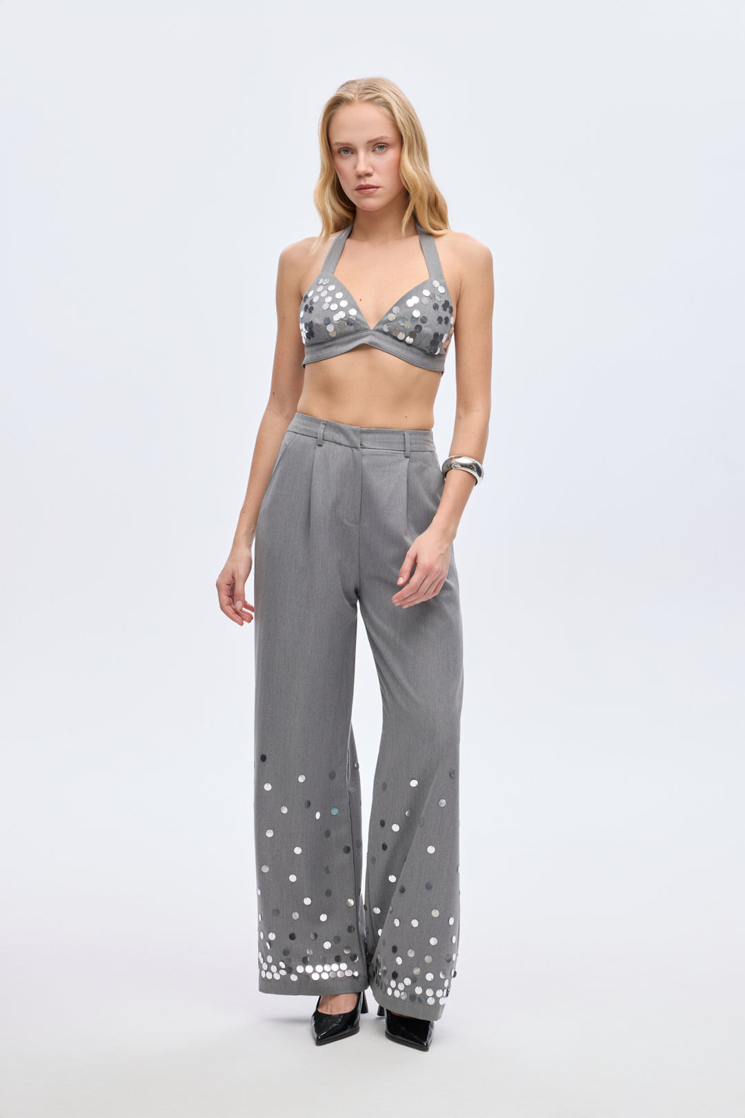 Payet İşlemeli Büstiyer Bluz Gri