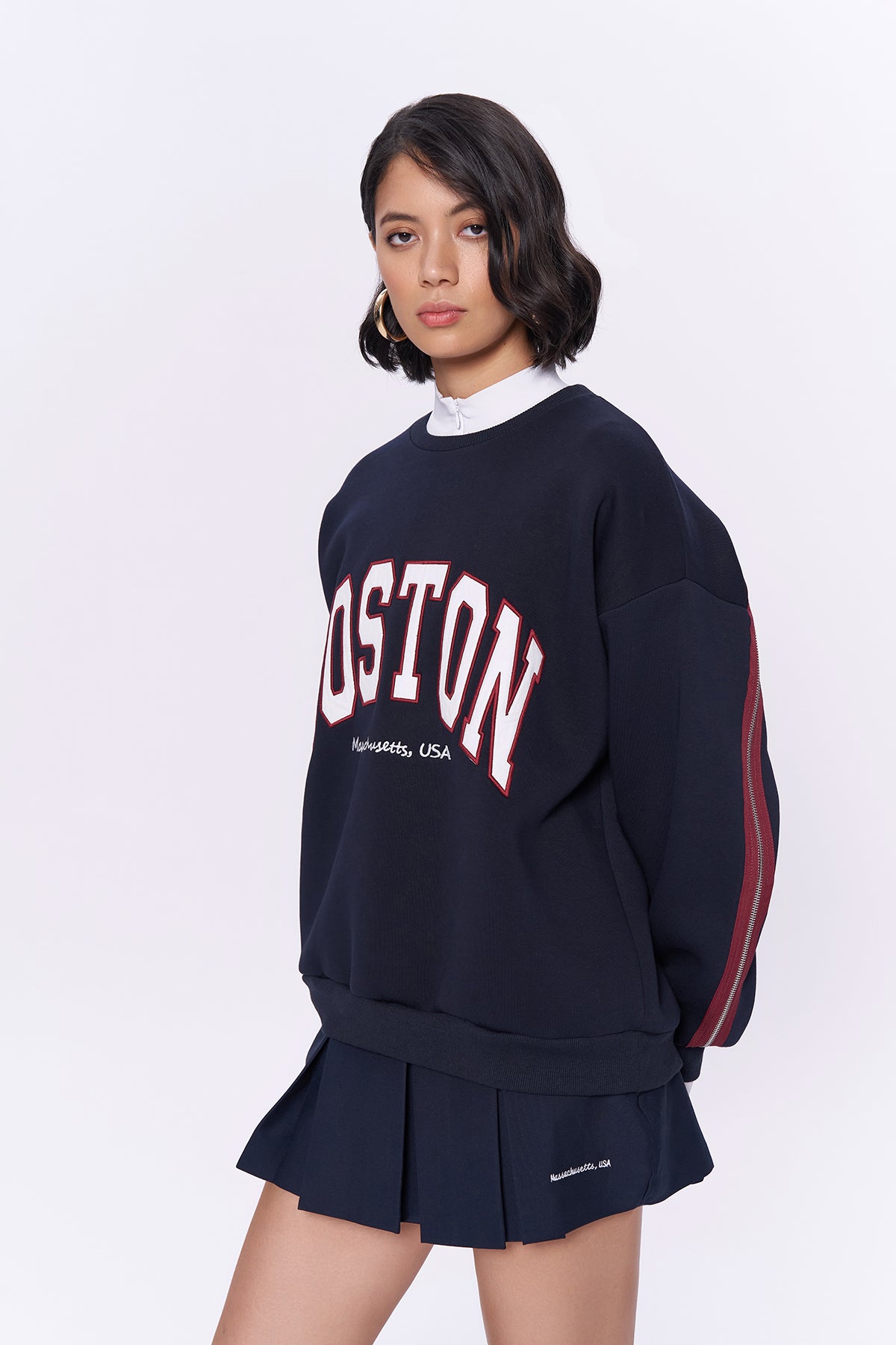 Kolu Fermuarlı Boston Yazılı Sweatshirt Lacivert