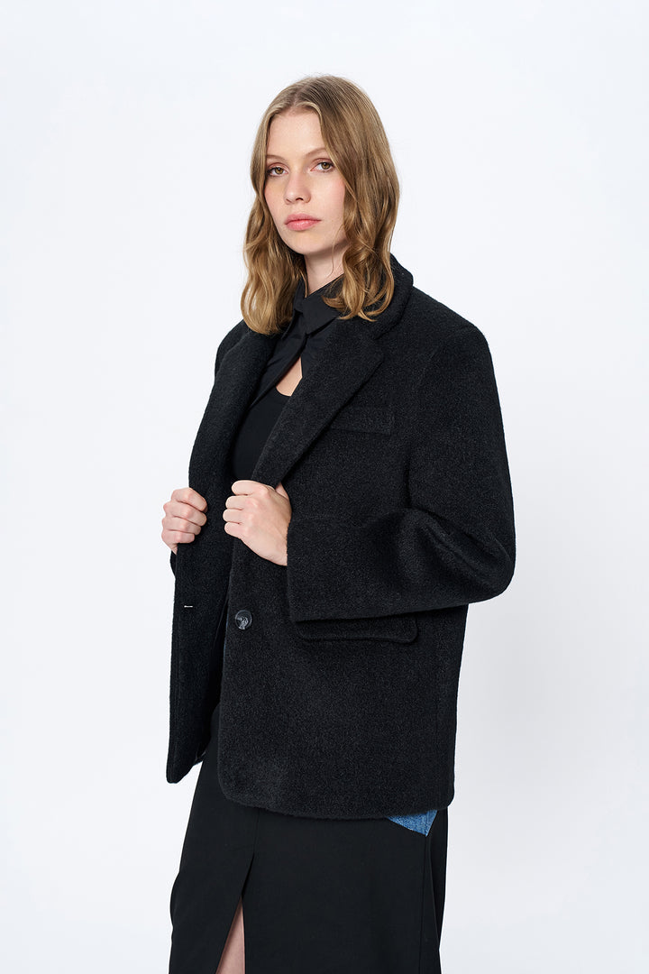 Kruvaze Yaka Kaşe Blazer Ceket Siyah