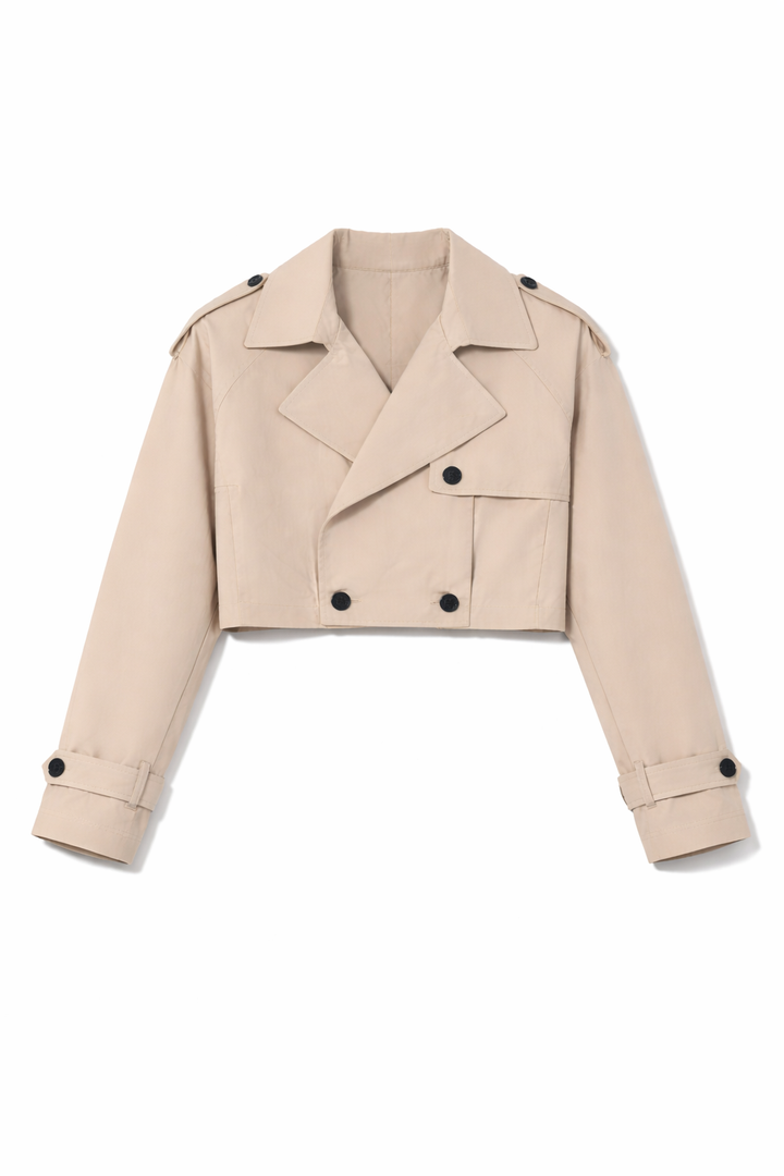 Apoletli Kruvaze Yaka Kısa Trençkot Bej