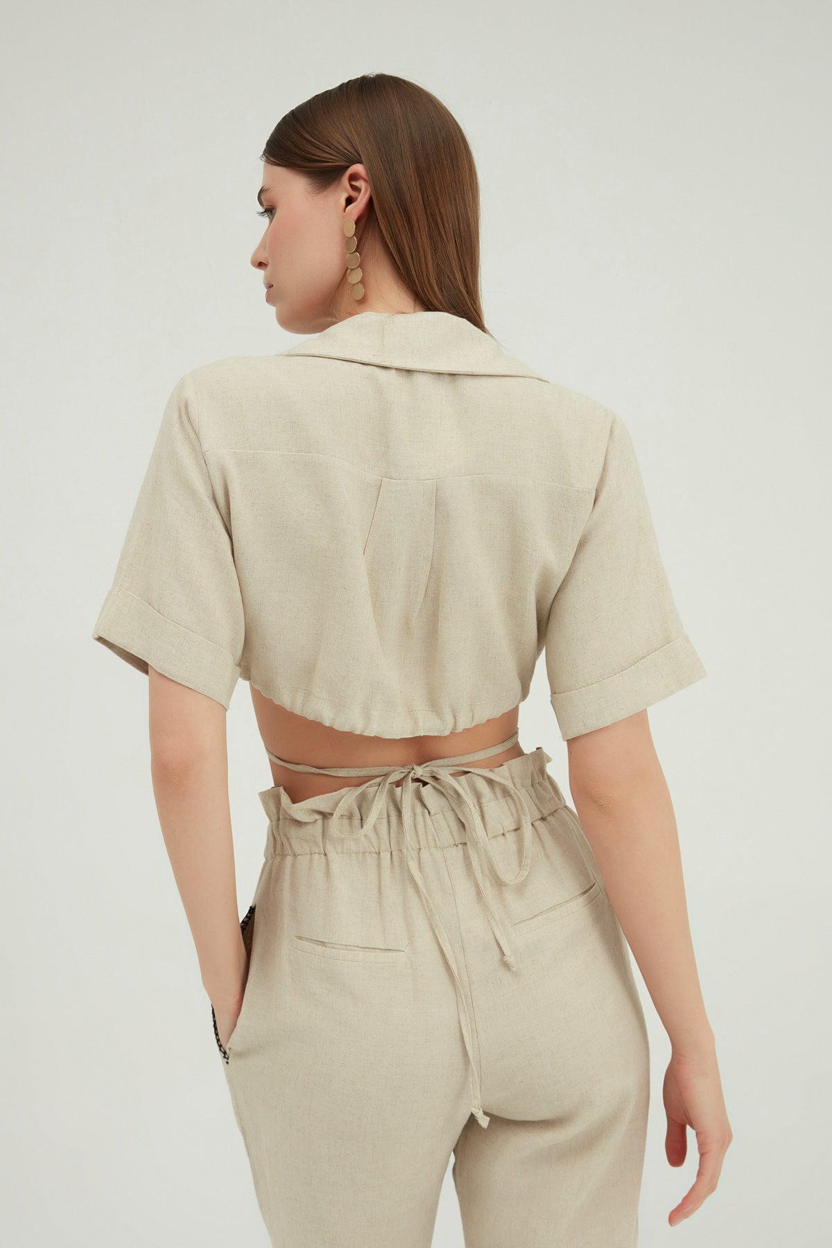 Tie Front Crop Linen Shirt Natural