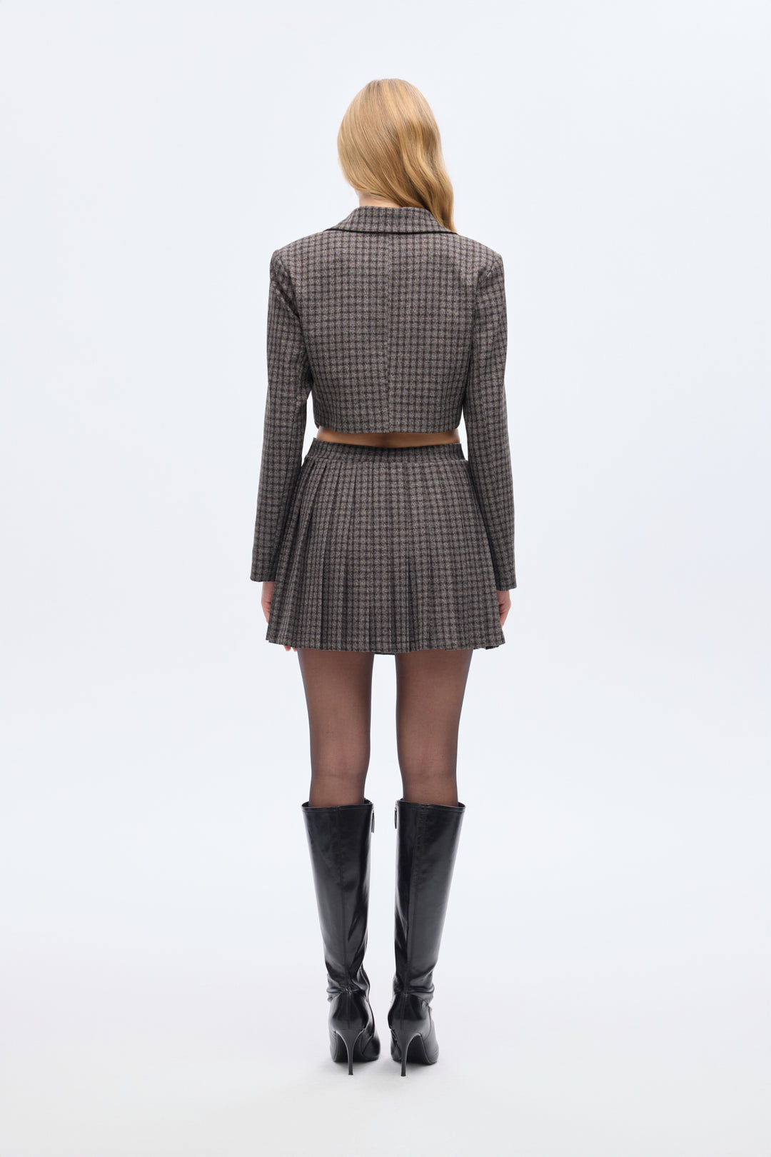 Ekose Tek Düğmeli Crop Blazer Ceket Kahverengi