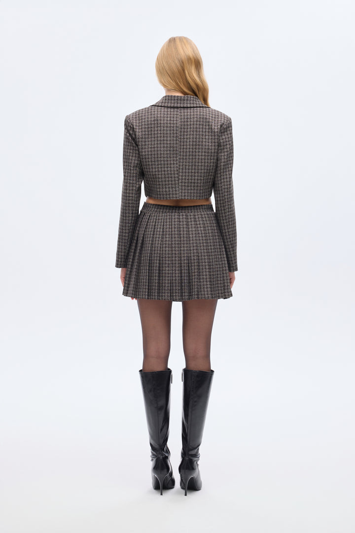 Ekose Tek Düğmeli Crop Blazer Ceket Kahverengi