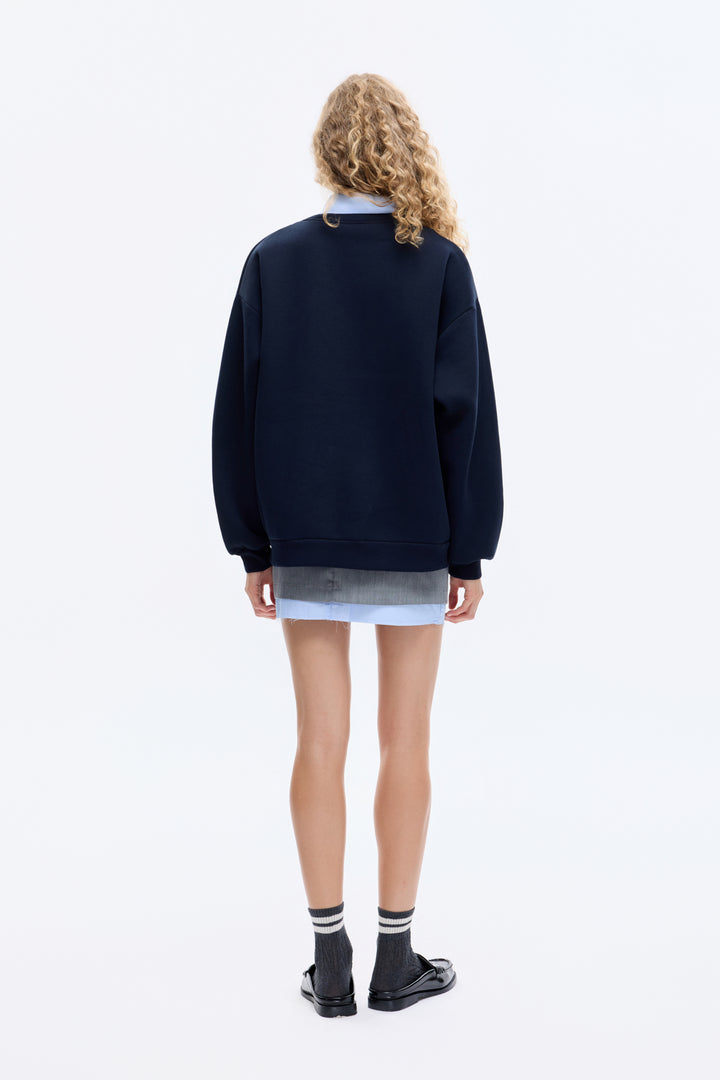 Gömlek Yakalı Nakış Detaylı Oversize Sweatshirt Lacivert