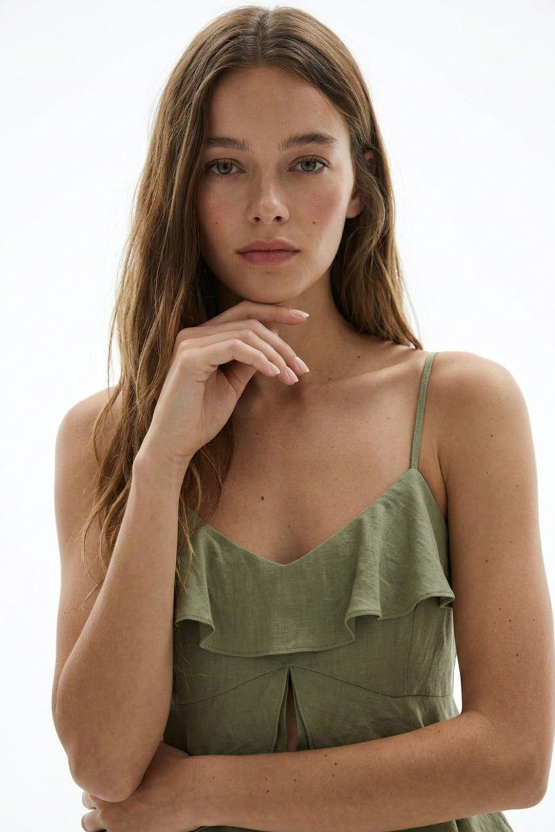 Askılı Volanlı Asimetrik Bluz Haki