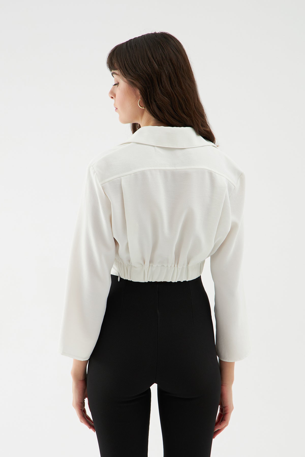 Elastic Waist Crop Shirt White