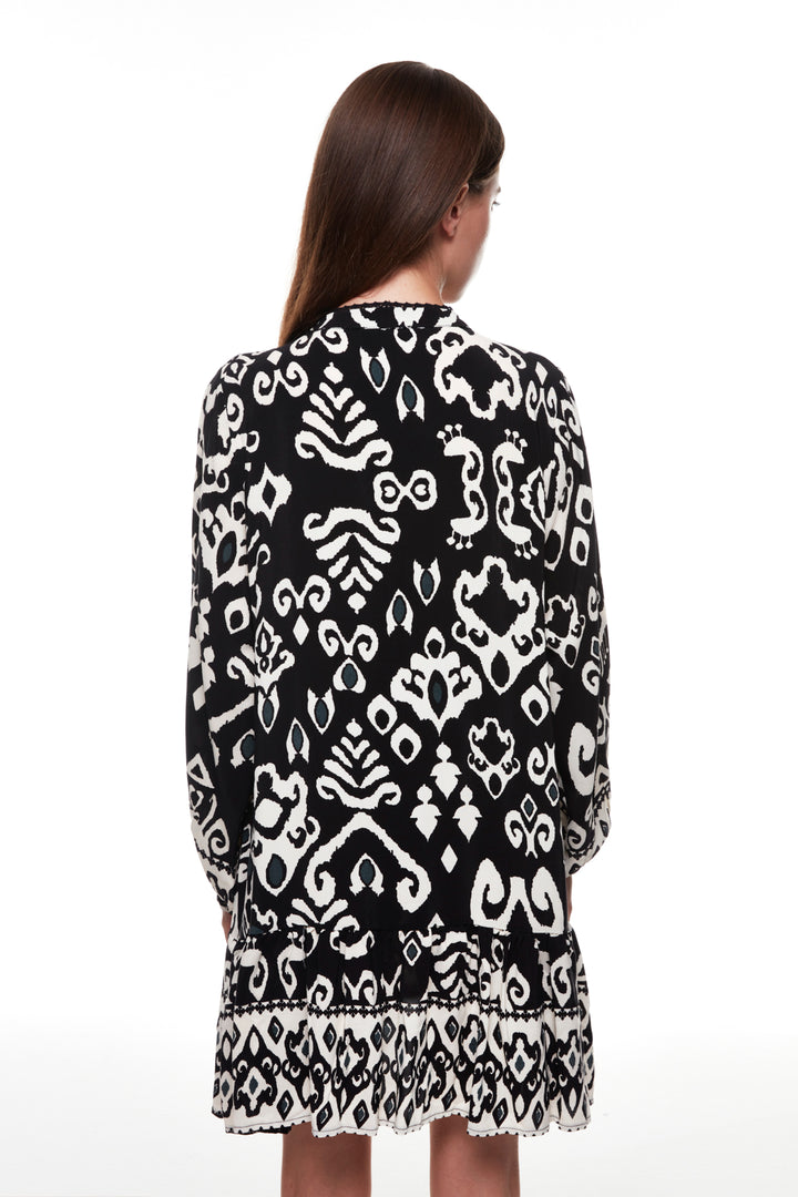 Pleated Patterned Mini Dress Black