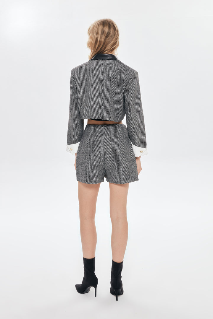 Yakası Deri Detaylı Crop Blazer Ceket Siyah