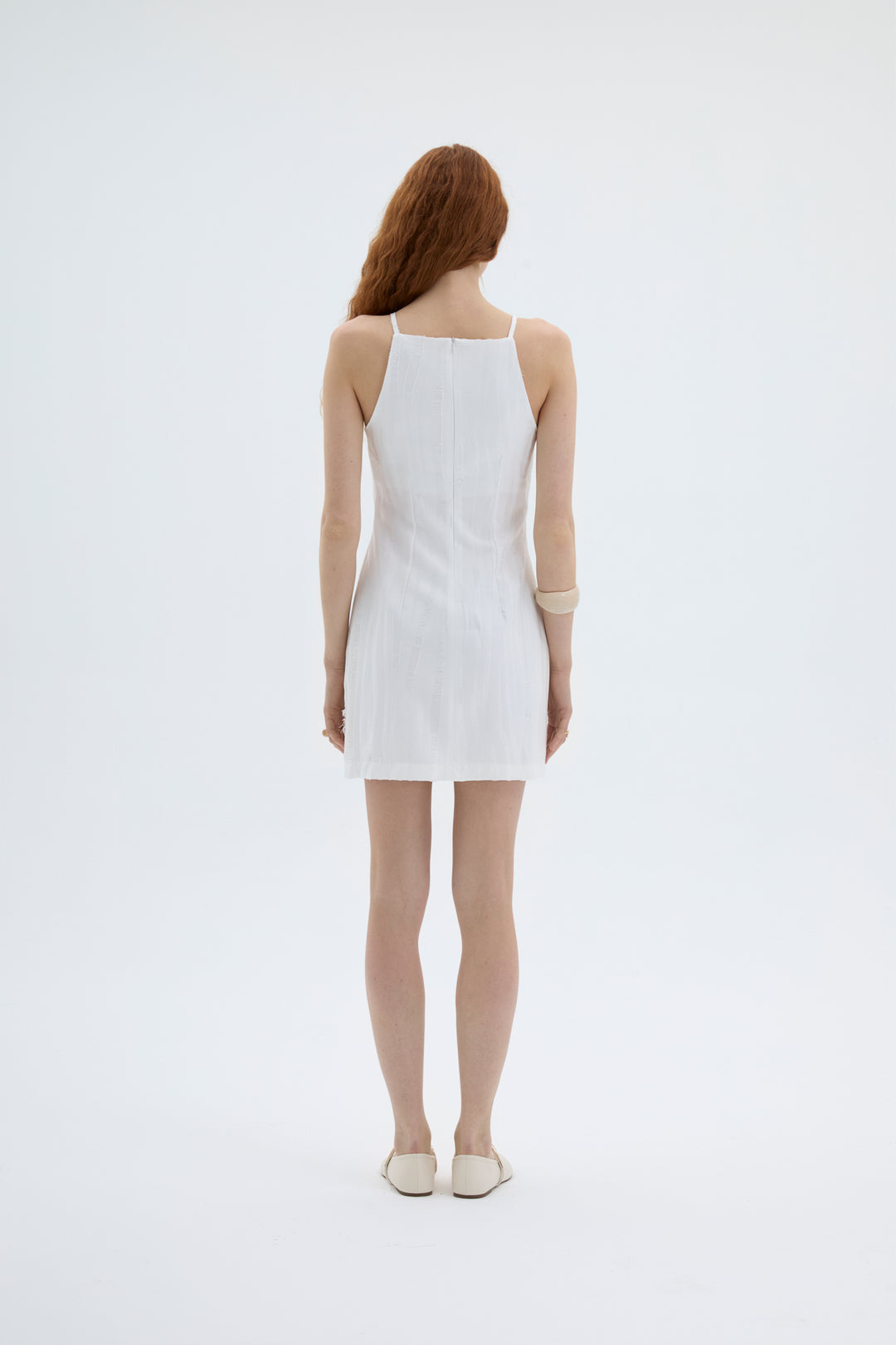 Halter Yaka Dokulu Mini Elbise Ekru
