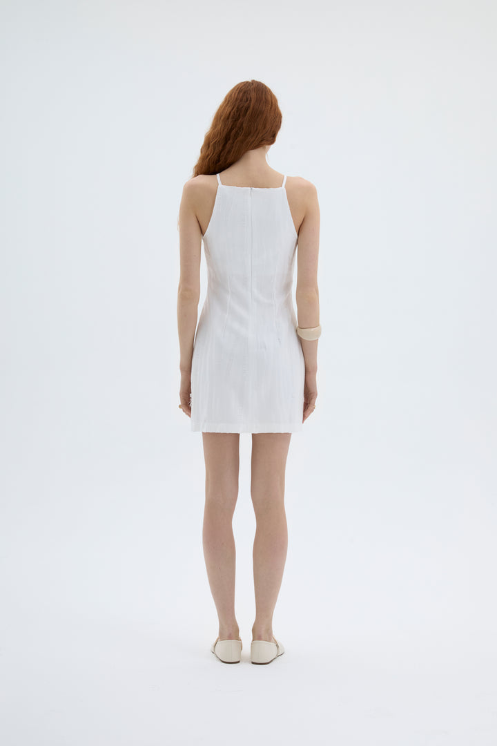 Halter Yaka Dokulu Mini Elbise Ekru
