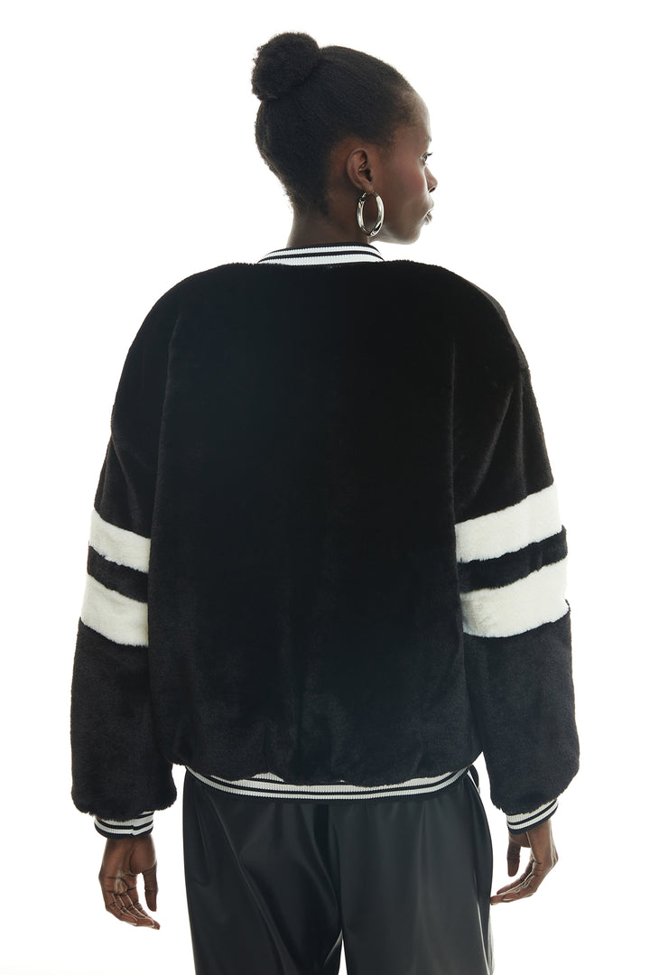 Striped V-Neck Plush Coat Black