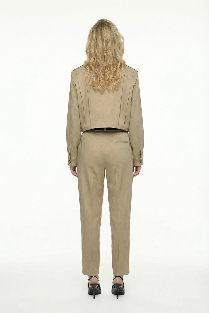 Apoletli Pile Detaylı Kısa Ceket Bej