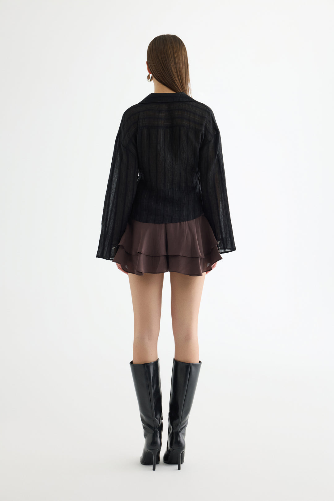 Anvelop Yaka Bağcıklı Tül Bluz Siyah