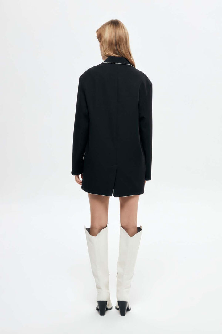 Stone Accessory Double Breasted Blazer Jacket Black