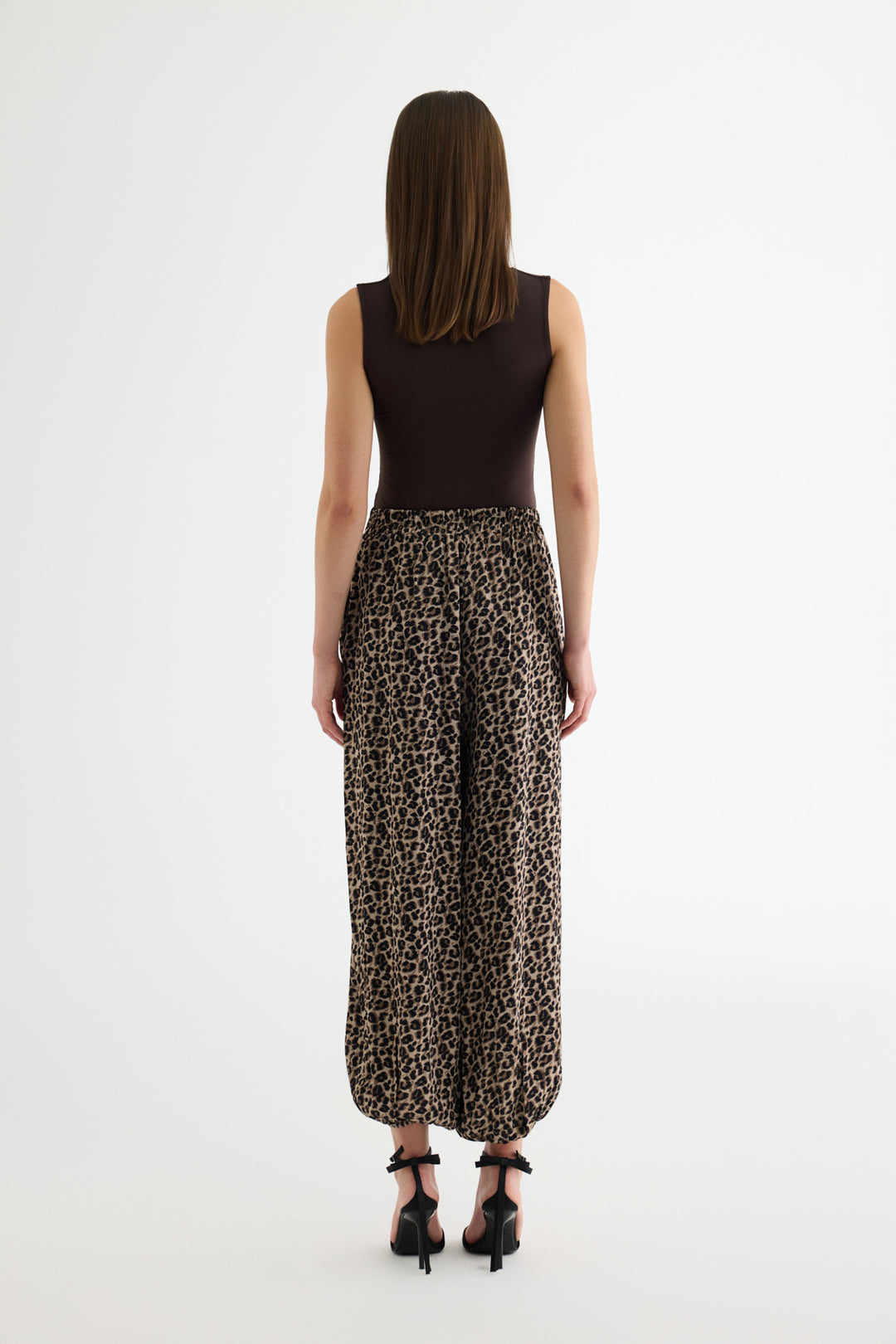 Leopar Desenli Saten Jogger Pantolon Kahverengi