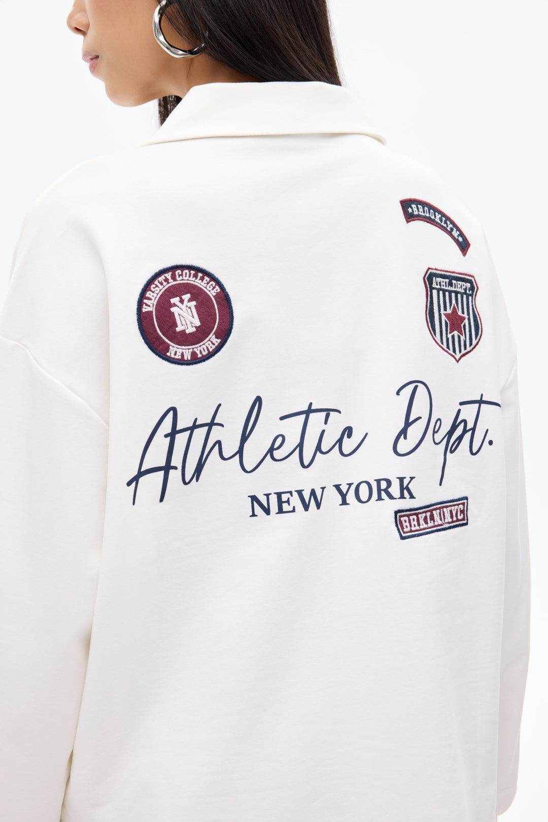 Arma Nakışlı Polo Yaka Oversize Sweatshirt Ekru
