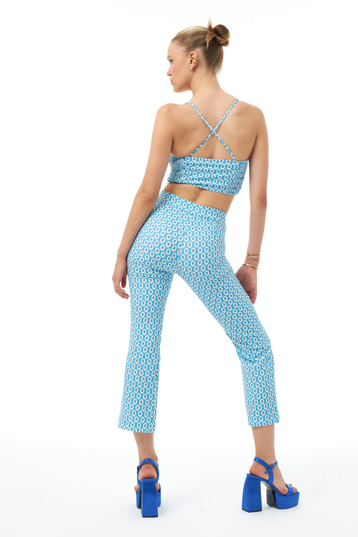 Patterned High Waist Trousers Blue