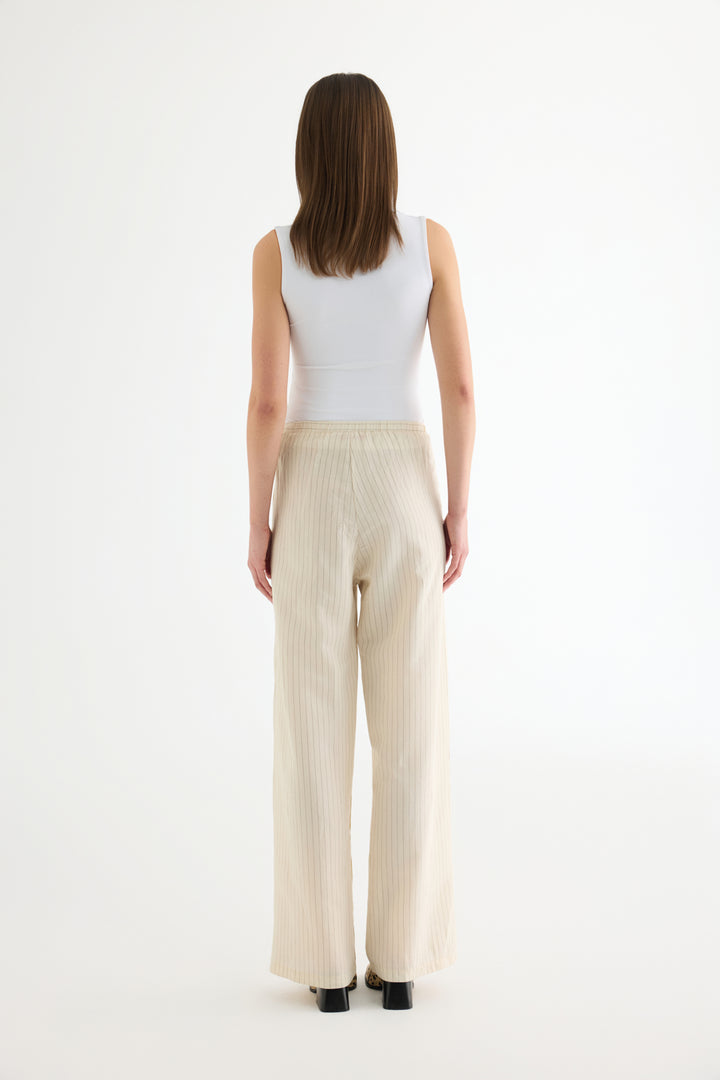 Çizgili Bağcıklı Bol Paça Pantolon Ekru