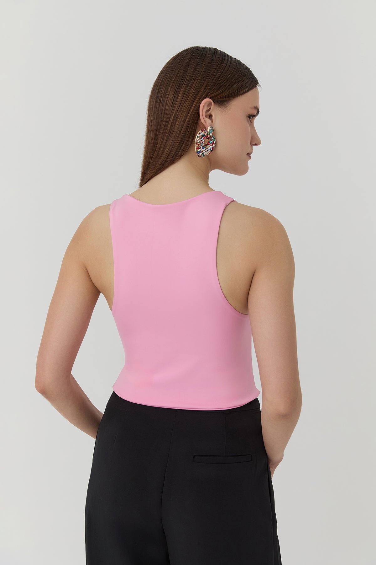 Crew Neck Strap Crop Blouse Pink