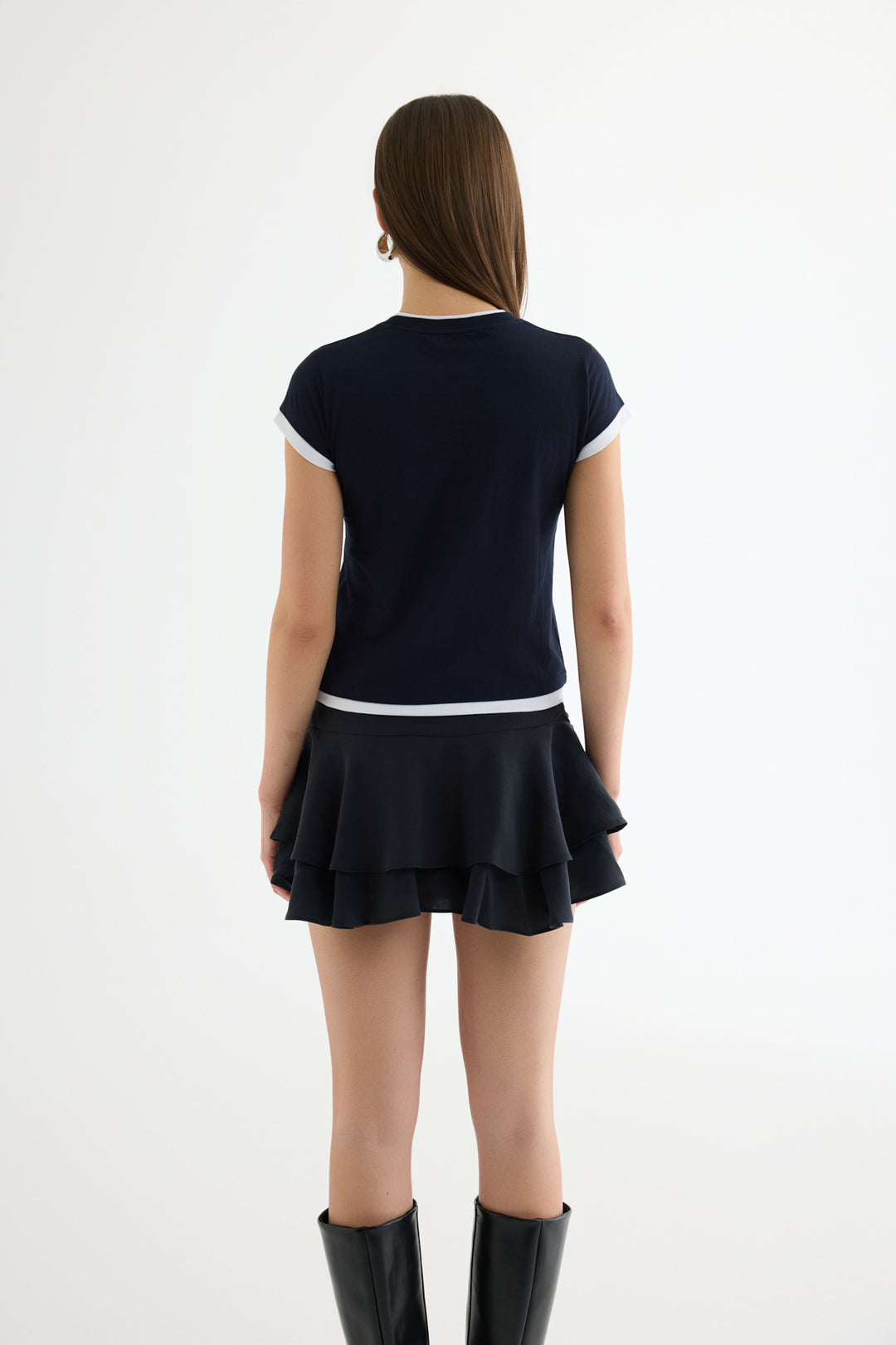 Yazı Baskılı Reglan Garnili Tişört Lacivert