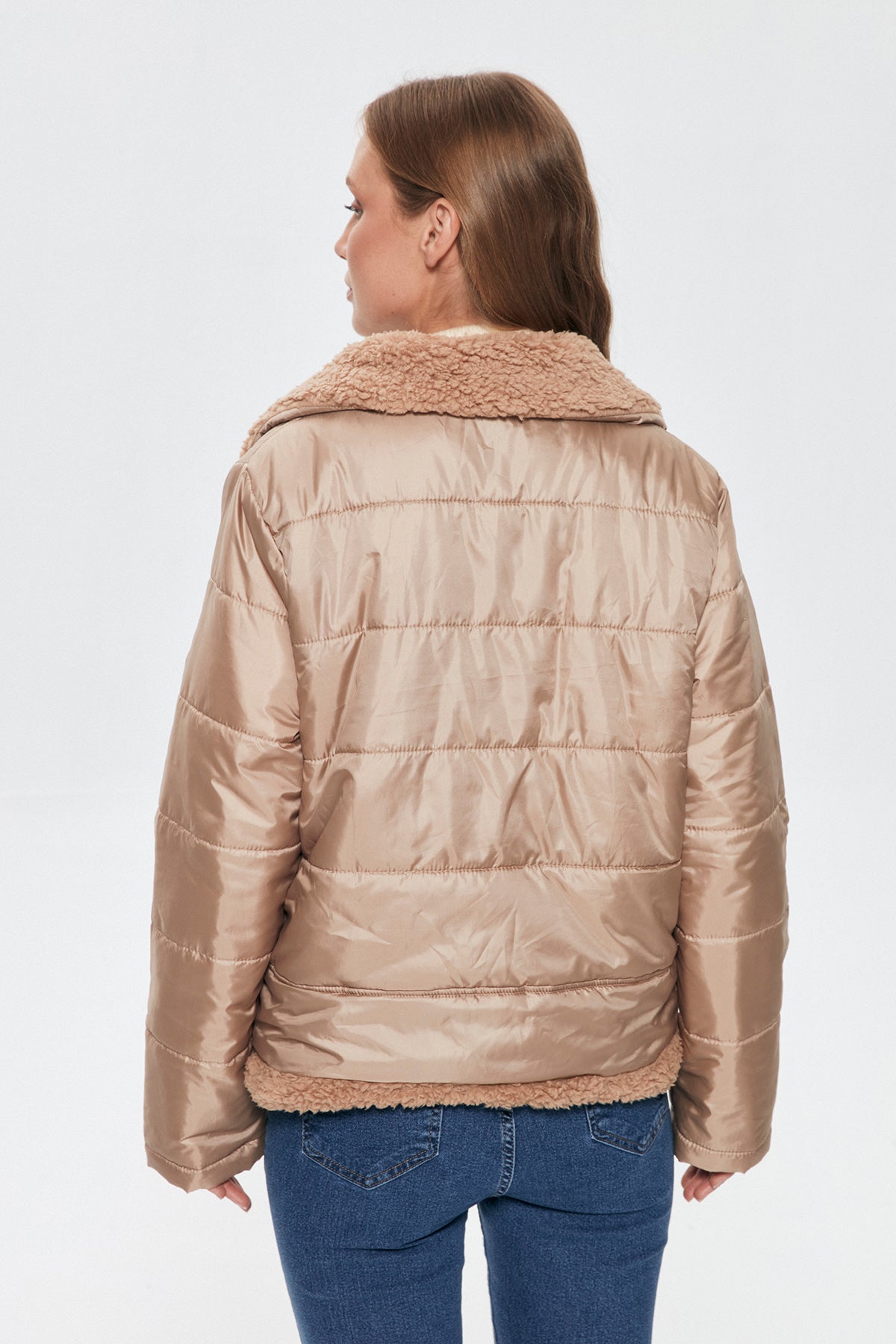 Plush Detailed Puffer Coat Beige