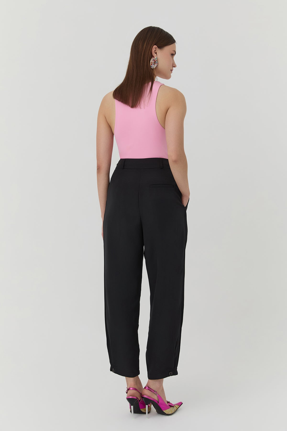 Button Detailed High Waist Trousers Black