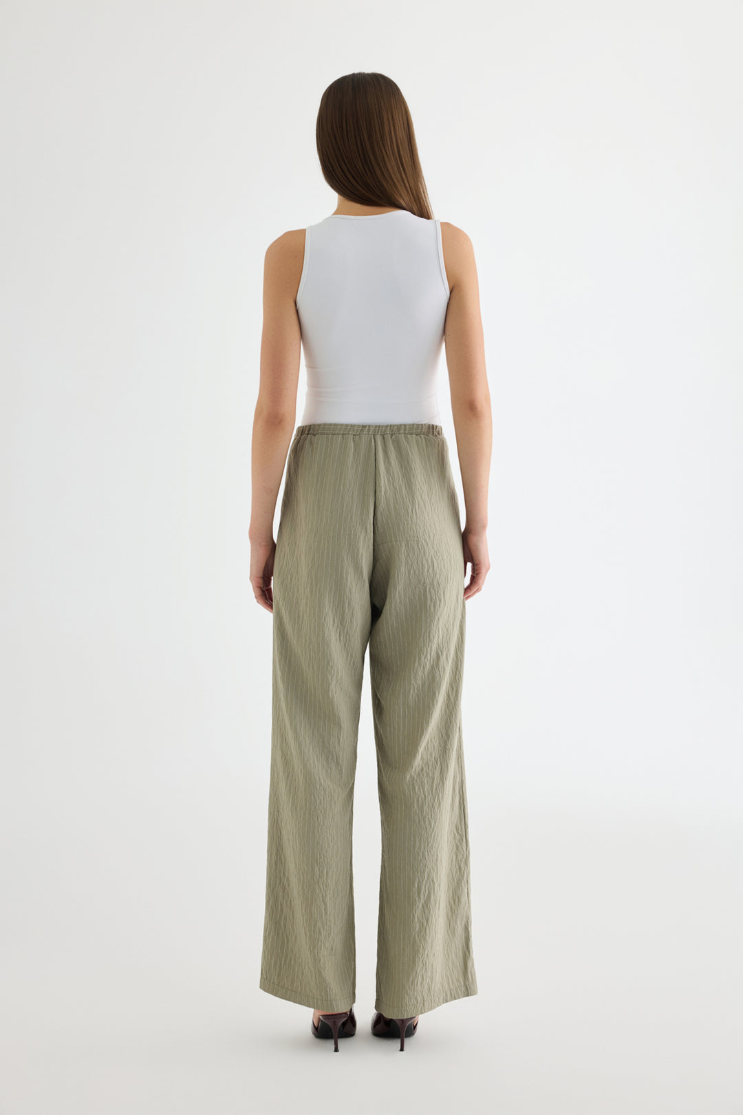 Çizgili Bağcıklı Bol Paça Pantolon Haki