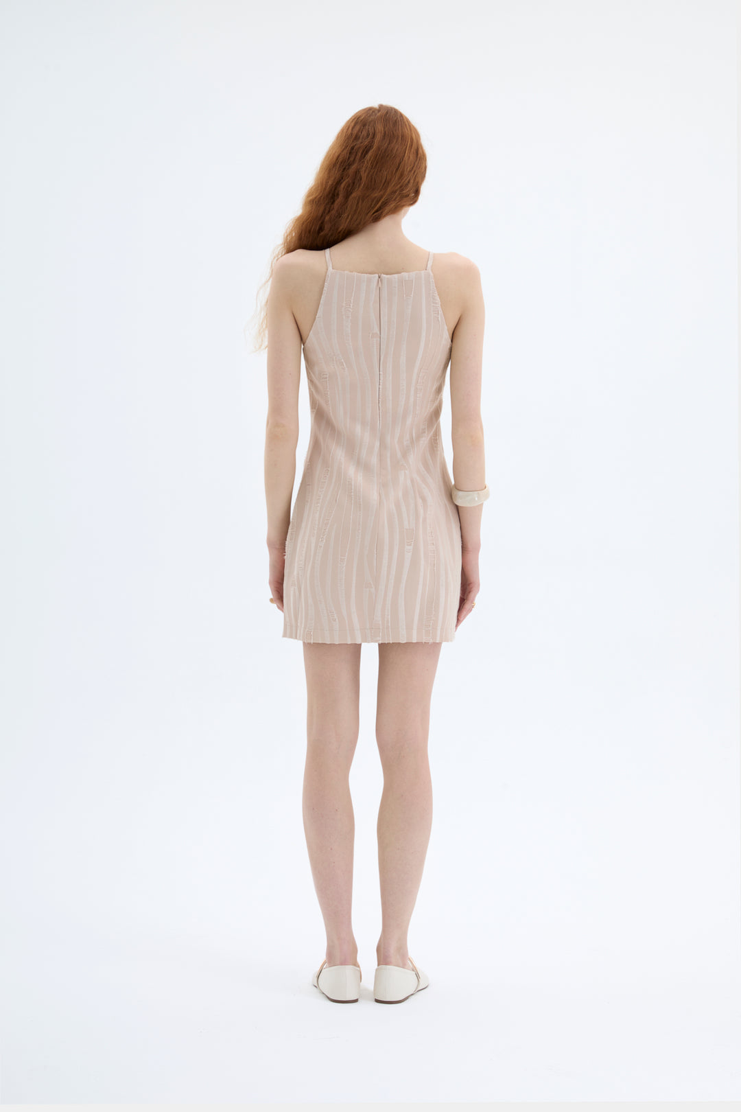 Halter Yaka Dokulu Mini Elbise Bej