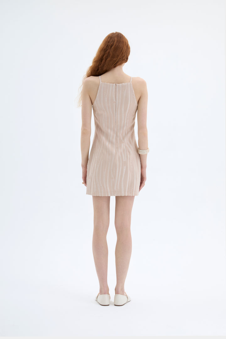 Halter Yaka Dokulu Mini Elbise Bej