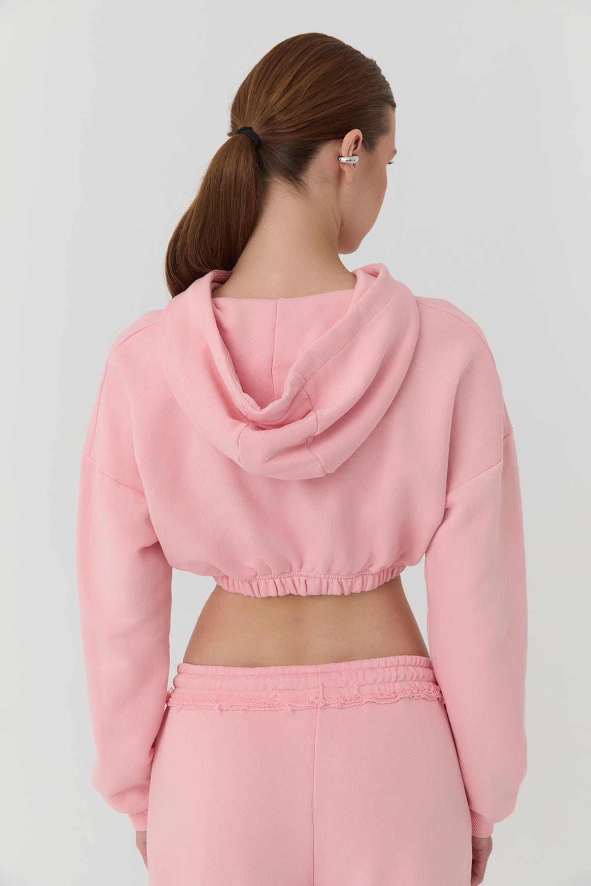 Kapüşonlu Crop Sweatshirt Pembe