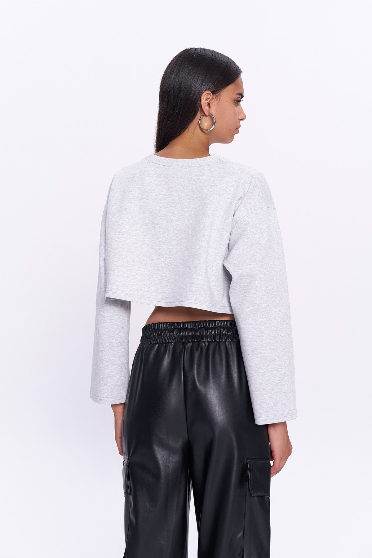 İçi Askılı Match Detaylı Crop Sweatshirt Gri