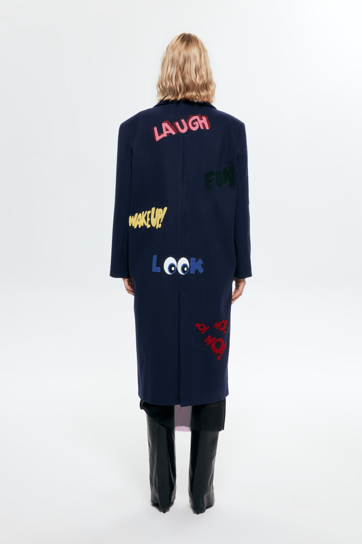 Nakış Detaylı Kaşe Uzun Kaban Lacivert