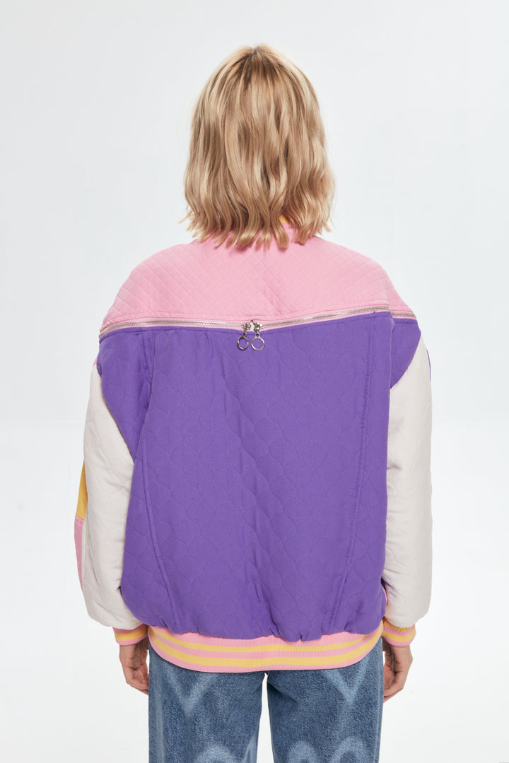 Button Detailed Colorful Bomber Jacket Pink