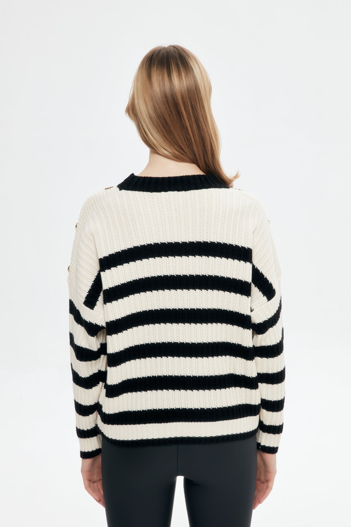 Buttoned Shoulder Striped Sweater Black