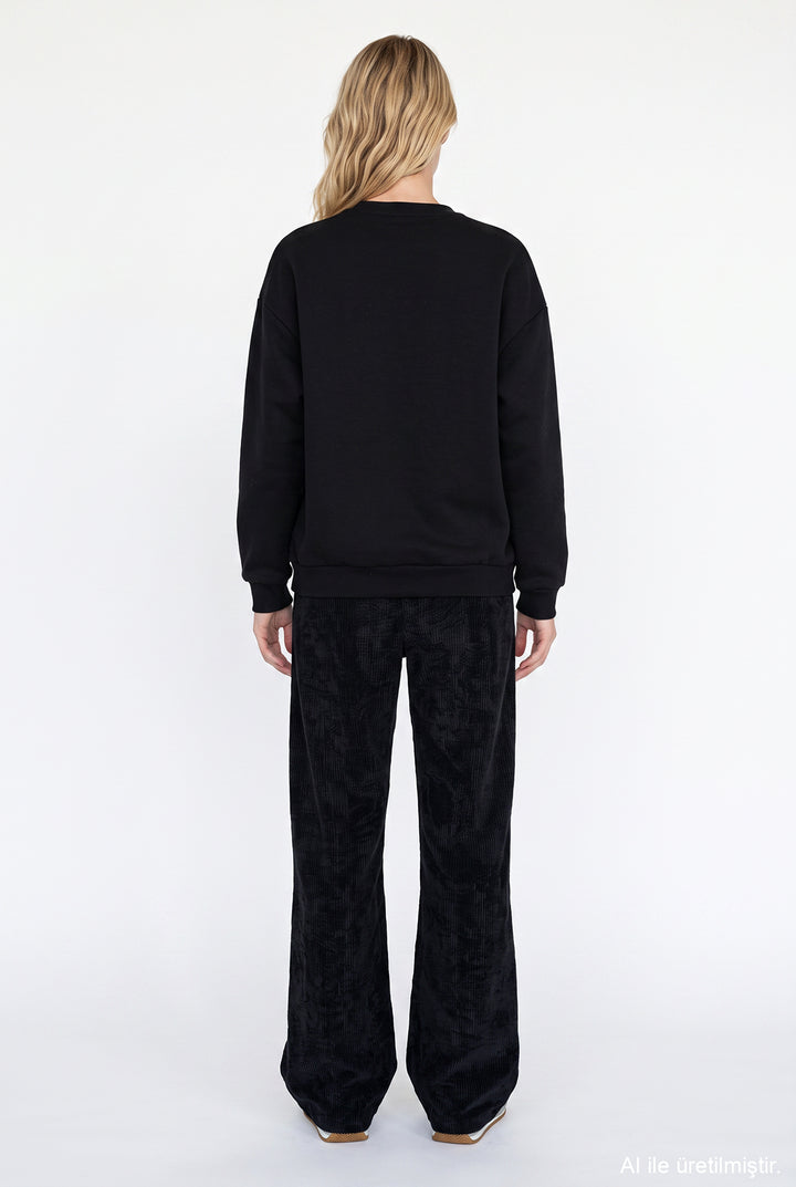 Dantel Aplikeli Oversize Sweatshirt Siyah
