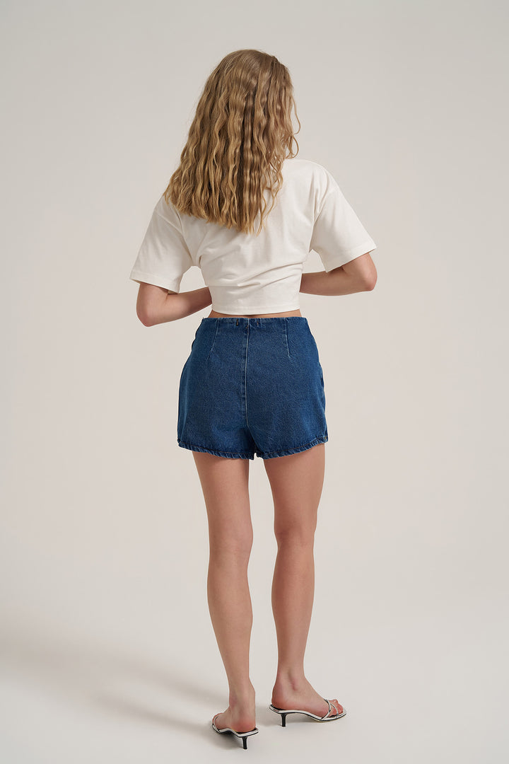 Düğme Detaylı Kot Şort Etek Mavi