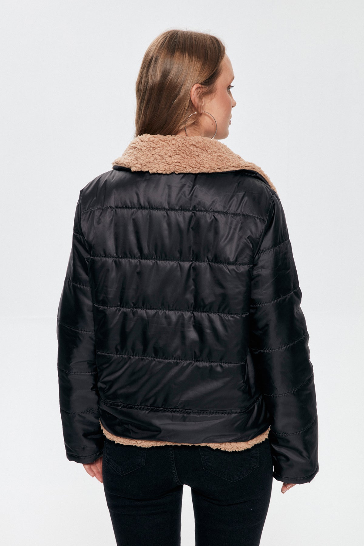 Plush Detailed Puffer Jacket Black