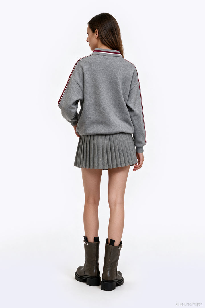 Polo Yaka Nakışlı Oversize Sweatshirt Grimelanj