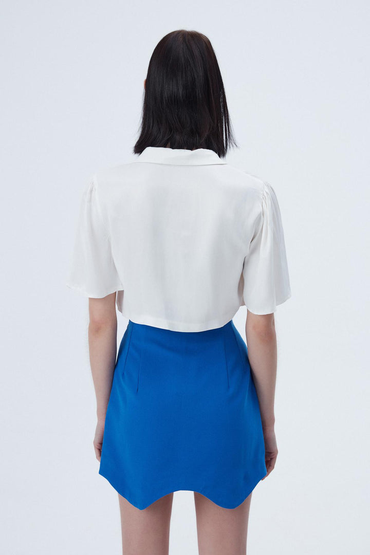 Button Detailed Crop Satin Shirt Ecru