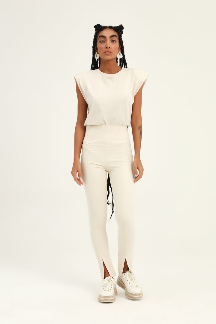 Padded Sleeveless Basic T-Shirt Light Beige