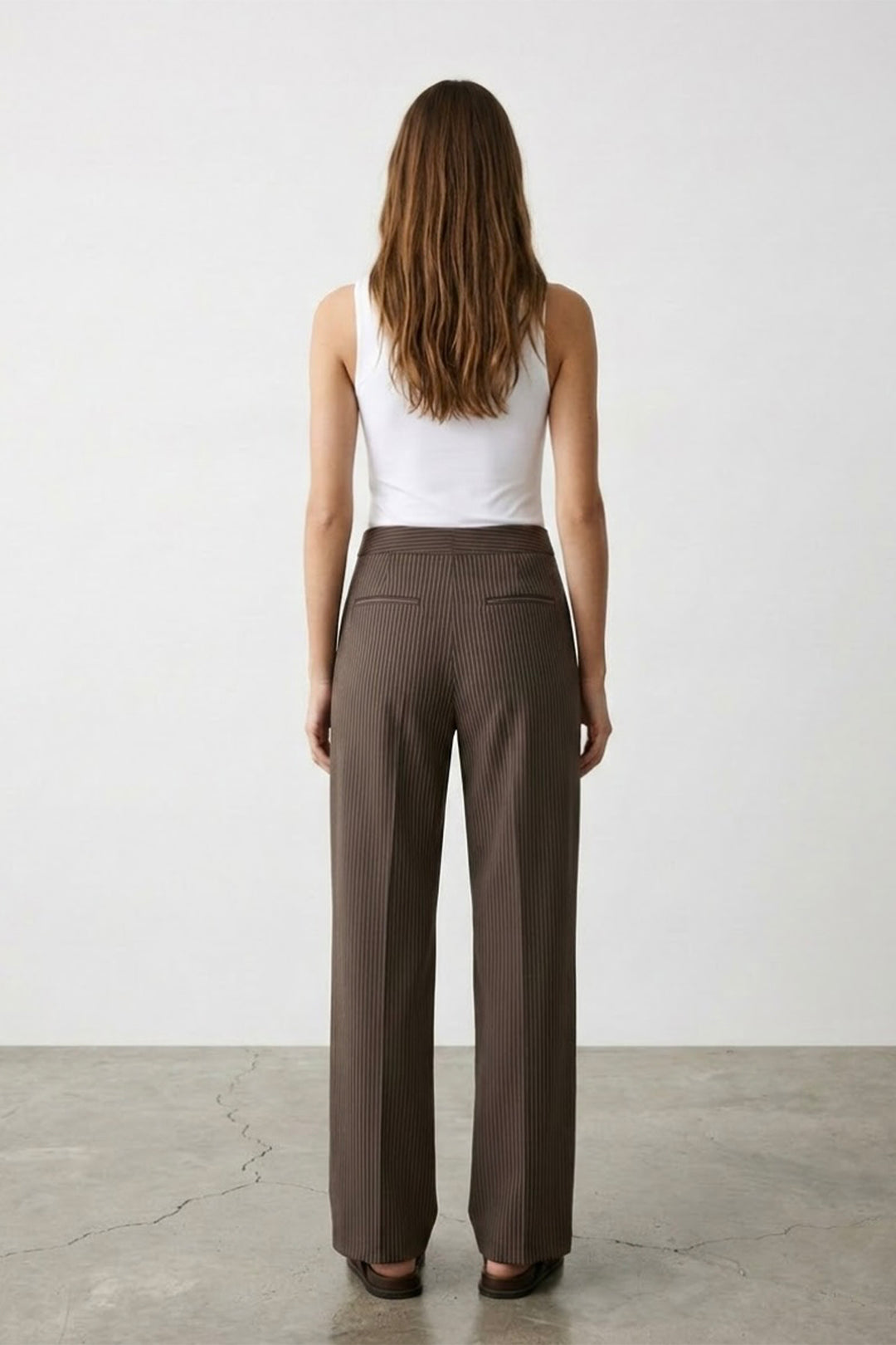 Kruvaze Kapamalı Çizgili Pantolon Kahverengi