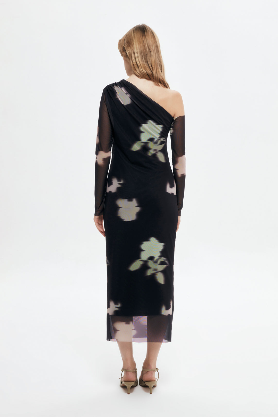 Asymmetrical Neckline Tulle Long Dress Black