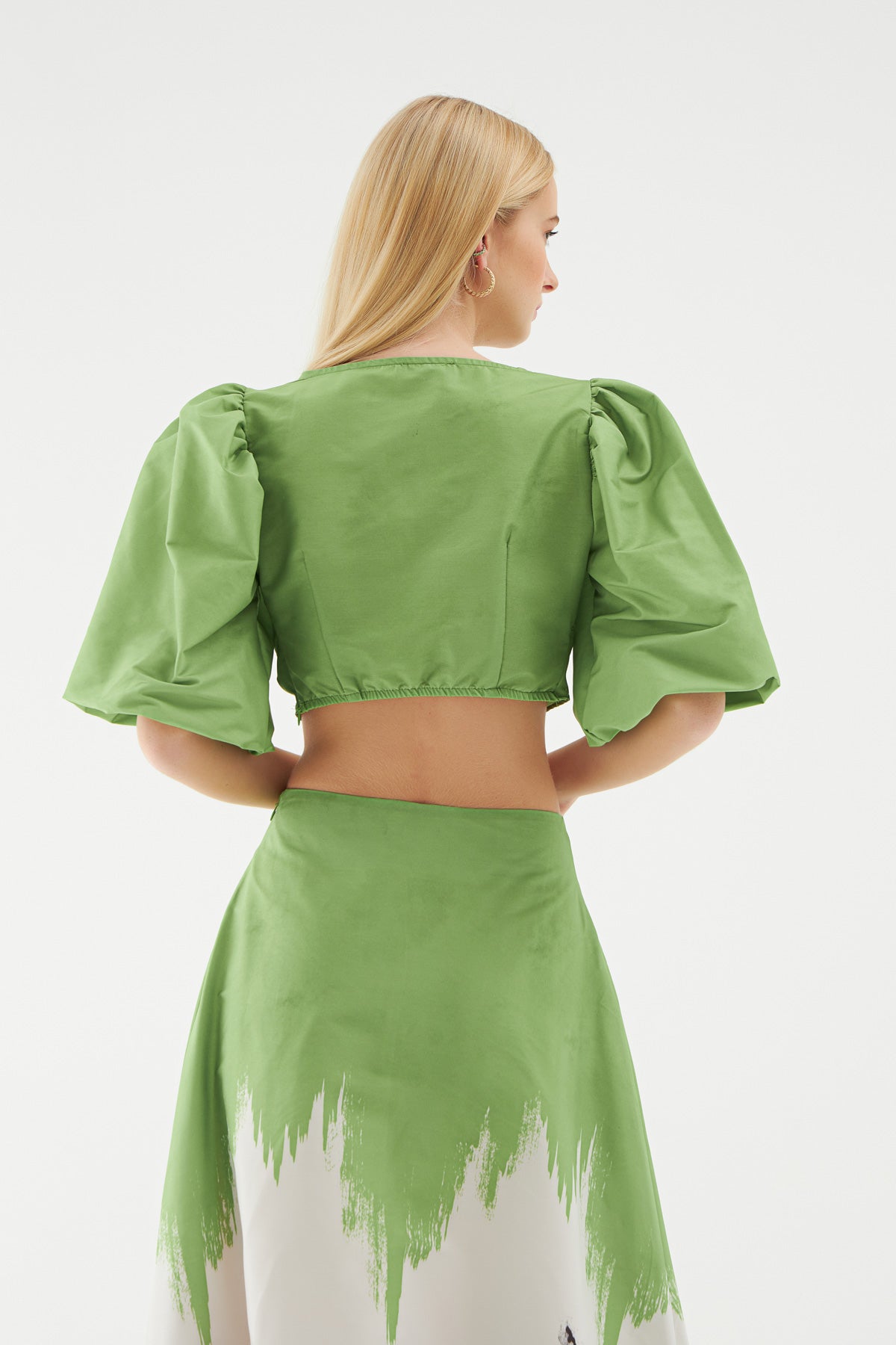 Watermelon Sleeve Knot Detailed Crop Blouse Green