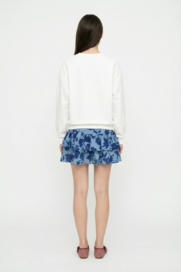 Çiçek Desenli Volanlı Mini Etek Mavi