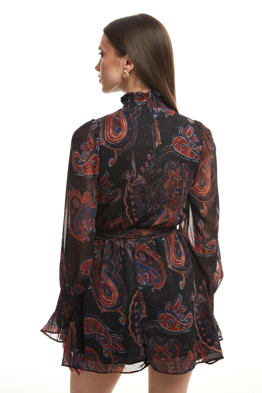 Tie Waist Patterned Short Dress Black