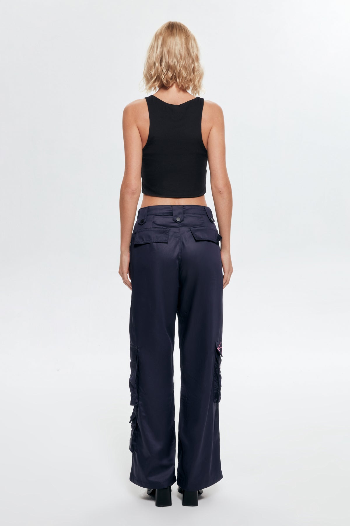 Embroidery Detailed Pocket High Waist Trousers Navy Blue