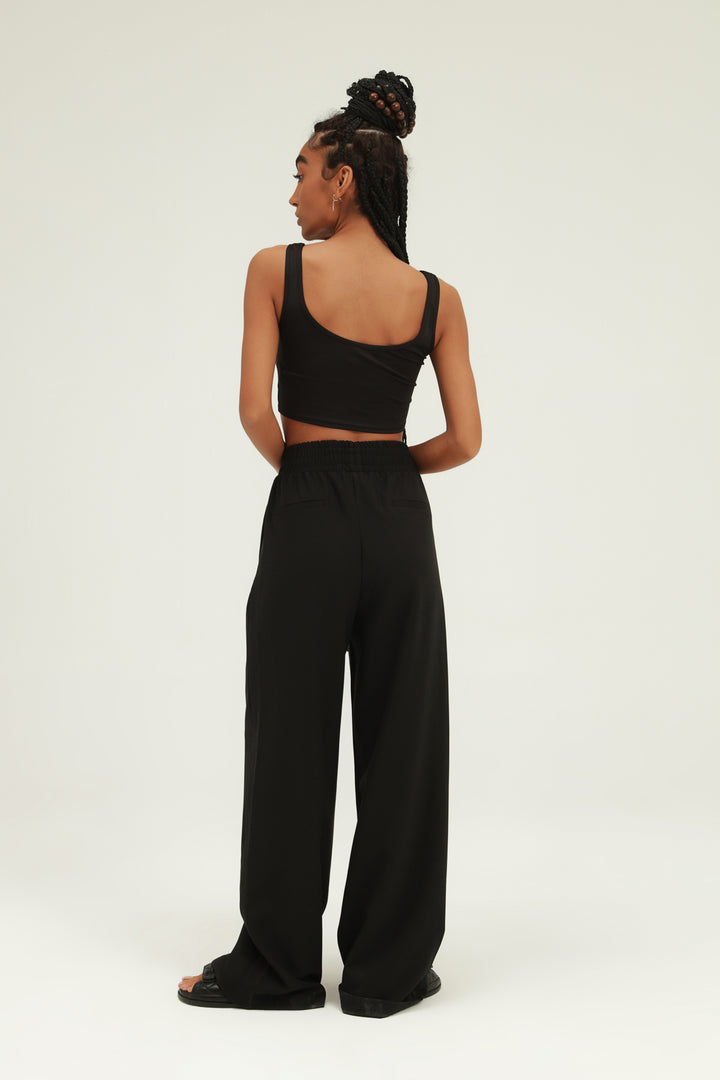 Elastic Waist Wide Leg Trousers Black