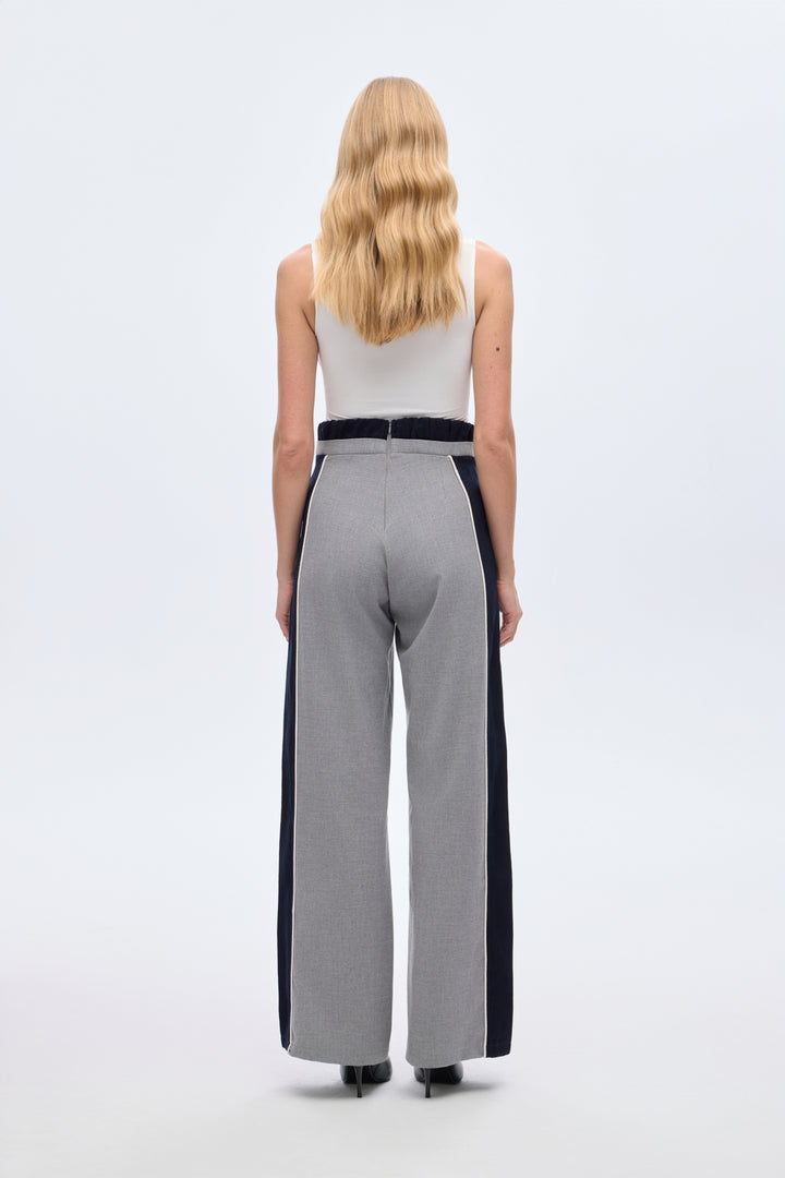Şerit Garnili Bağcıklı Bol Paça Pantolon Gri