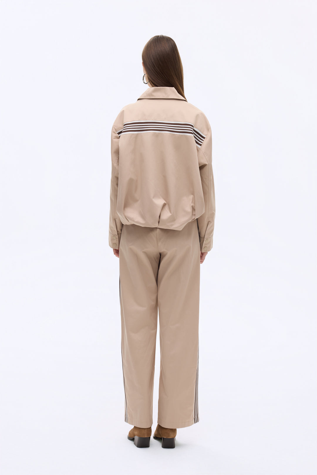 Sırtı Şeritli Gömlek Yaka Oversize Bomber Ceket Bej
